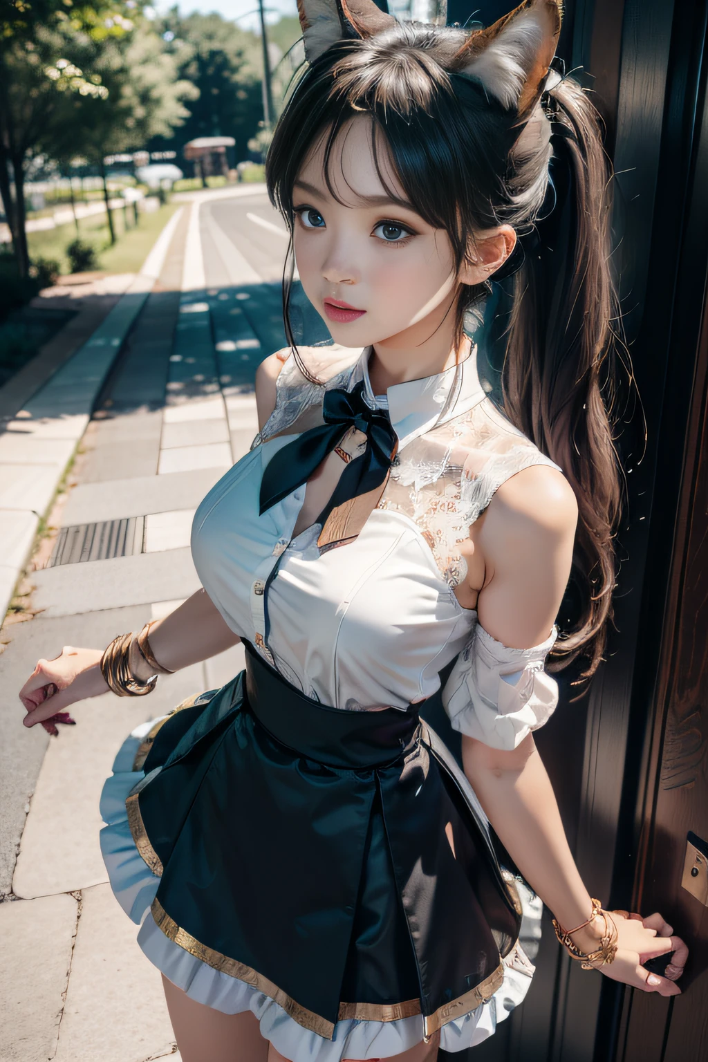 tmasterpiece， best qualtiy， ultra - detailed， RAW photogr， （realisticlying：1.4）， High-speed rail top clouds， 1girll， 独奏， By bangs， （fox ear）， mediuml breasts， clothing cutout，Hollow-out on， Animal ear， girl fox， Silk lace skirt skirt， pony tails， neck bowtie， shift dresses， （bangle）， jewely，， Separate the sleeves， （blue bracelet）， White sleeves， The shirt， sleeveless shirts， Golden decoration， Pink lace skirt， （coda， fox tails）， 耳Nipple Ring， dynamic angle， Outdoor deep forest，