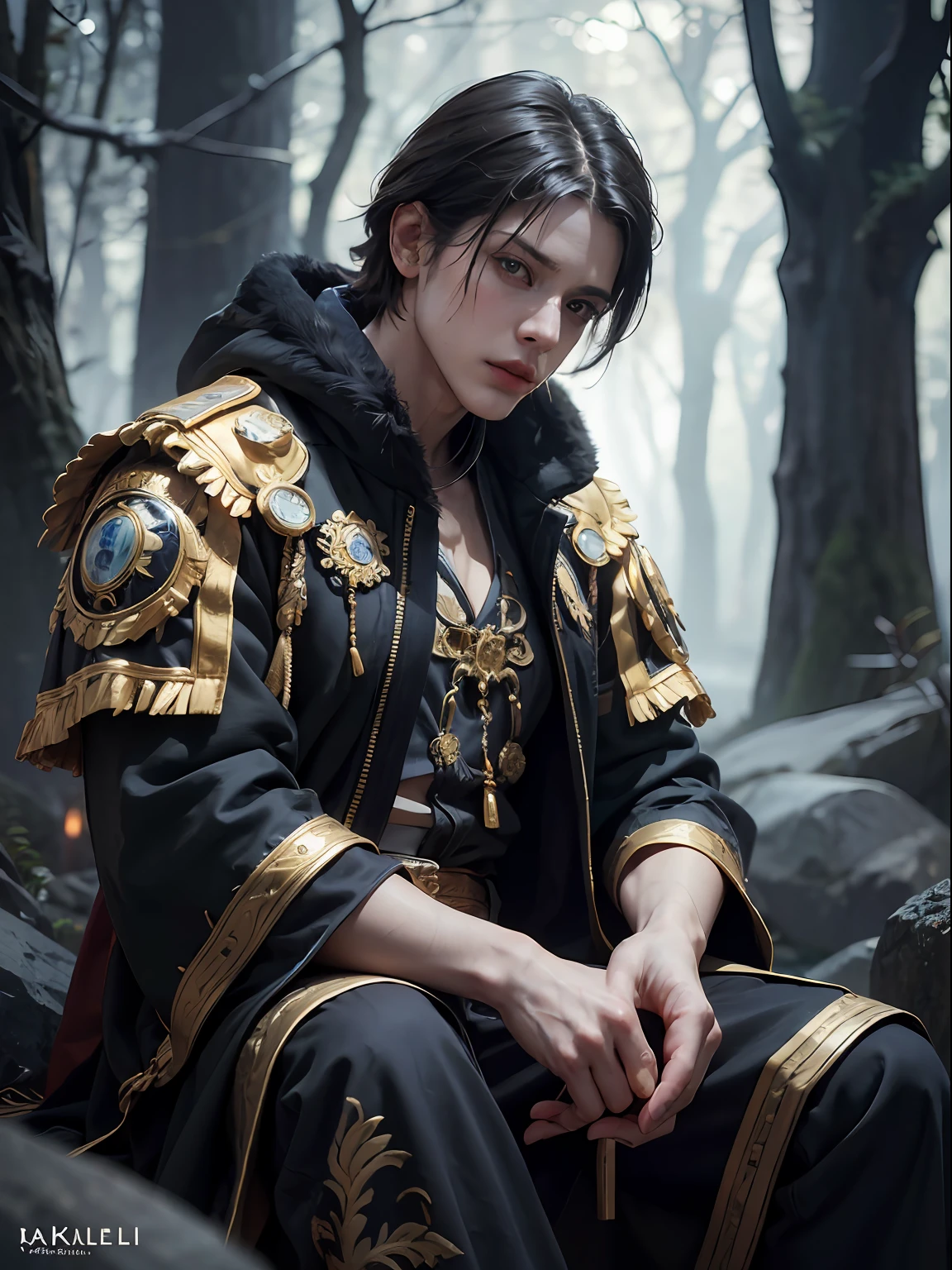 1man, stern and narrow his eyes, sit on rock, in the frost forest, solo focus, adult, pale and young adult face, short black hair, black silk robe with golden lining, palace, realistic, dynamic pose realistic, detailed and correct facial structure, dark atmosphere, blades ornaments, LEON S. KENNEDY, handsome, attractive, slightly muscular, cinematic lighting, unreal engine, trending on ArtStation, intricate details,  masterpiece, best quality, by Irakli Nadar, Greg Rutkowski，(((best quality))),(((ultra detailed))),(((masterpiece)))