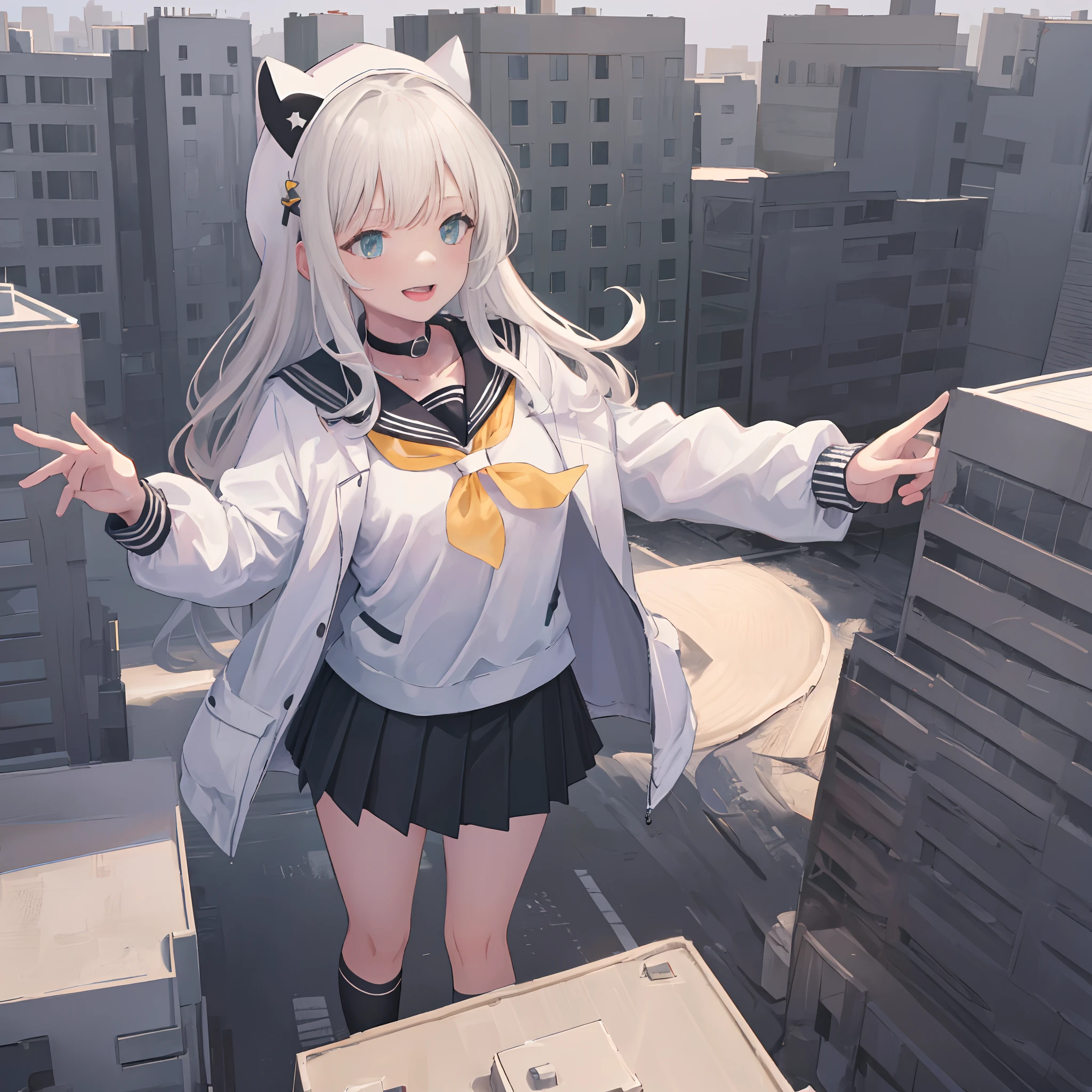 1girll, City, Bigger than the building, White jacket, Animal hood, White socks, Open jacket, Pleated skirt, Black skirt, Black sailor collar, Black choker, school uniform, Black shirt, puffy long sleeves, standing, Smile, Naughty, Anatomically correct, Textured skin, GTSCity