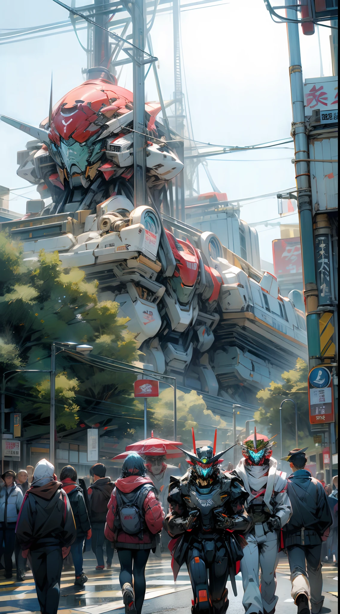 일본，도쿄의 거리와 보행자，국회의사당 앞의 거대 로봇，rx78