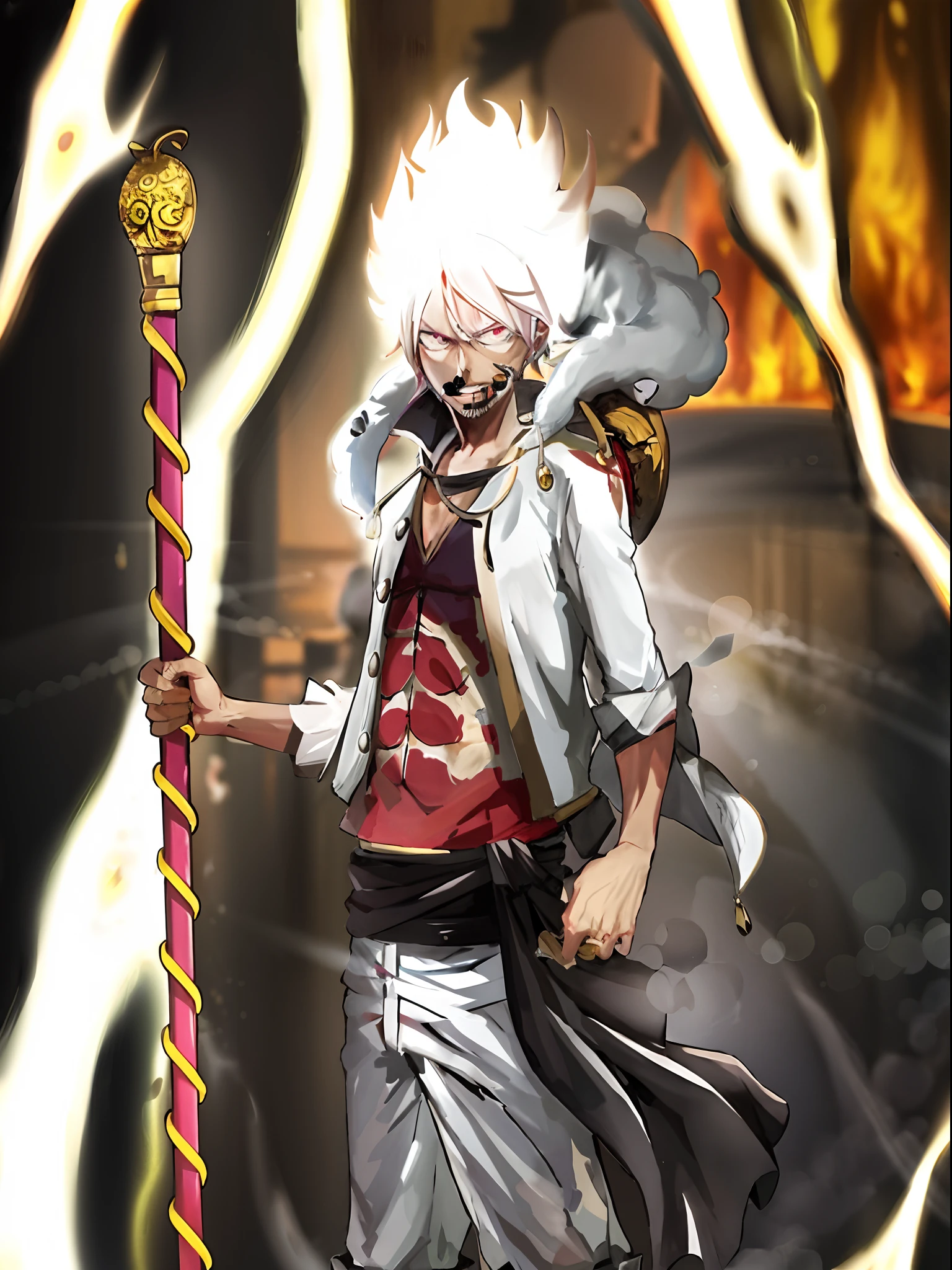 Аниме-персонаж с белыми волосами, держащий меч перед огнем, красивый мужской бог смерти, легендарный бог с копьем, огонь!! полное тело, лесбиянка, седовласый сумасшедший, седовласый бог, из одного куска, Луффи шестерня 5, Джокер похож на Наруто, официальное искусство, джокер как Наруто, цельный художественный стиль, бог хаоса, Нагито Комаэда