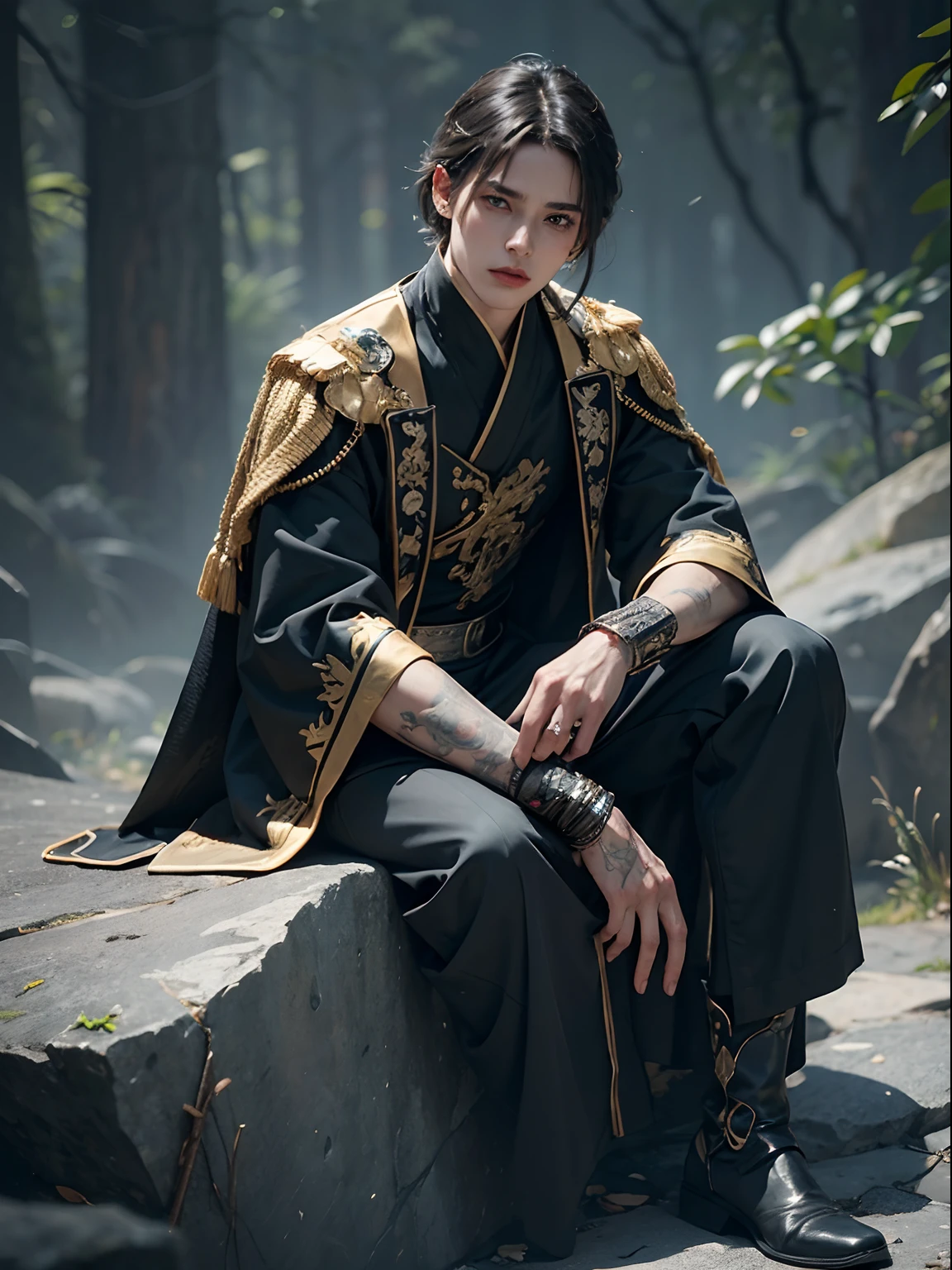 1man, stern and narrow his eyes, sit on rock, in the frost forest, solo focus, adult, pale and young adult face, short black hair, black silk robe with golden lining, palace, realistic, dynamic pose realistic, detailed and correct facial structure, dark atmosphere, blades ornaments, LEON S. KENNEDY, handsome, attractive, slightly muscular, cinematic lighting, unreal engine, trending on ArtStation, intricate details,  masterpiece, best quality, by Irakli Nadar, Greg Rutkowski，(((best quality))),(((ultra detailed))),(((masterpiece)))