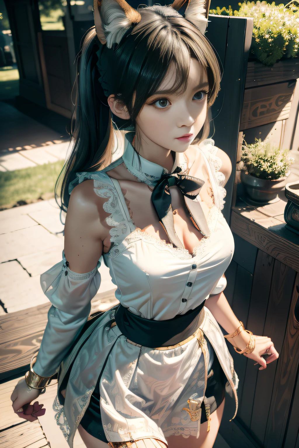 tmasterpiece， best qualtiy， ultra - detailed， RAW photogr， （realisticlying：1.4）， High-speed rail top clouds， 1girll， 独奏， By bangs， （fox ear）， mediuml breasts， clothing cutout，Hollow-out on， Animal ear， girl fox， Silk lace skirt skirt， pony tails， neck bowtie， shift dresses， （bangle）， jewely，， Separate the sleeves， （blue bracelet）， White sleeves， The shirt， sleeveless shirts， Golden decoration， Random color lace skirt， （coda， fox tails）， 耳Nipple Ring， dynamic angle， Outdoor deep forest，，