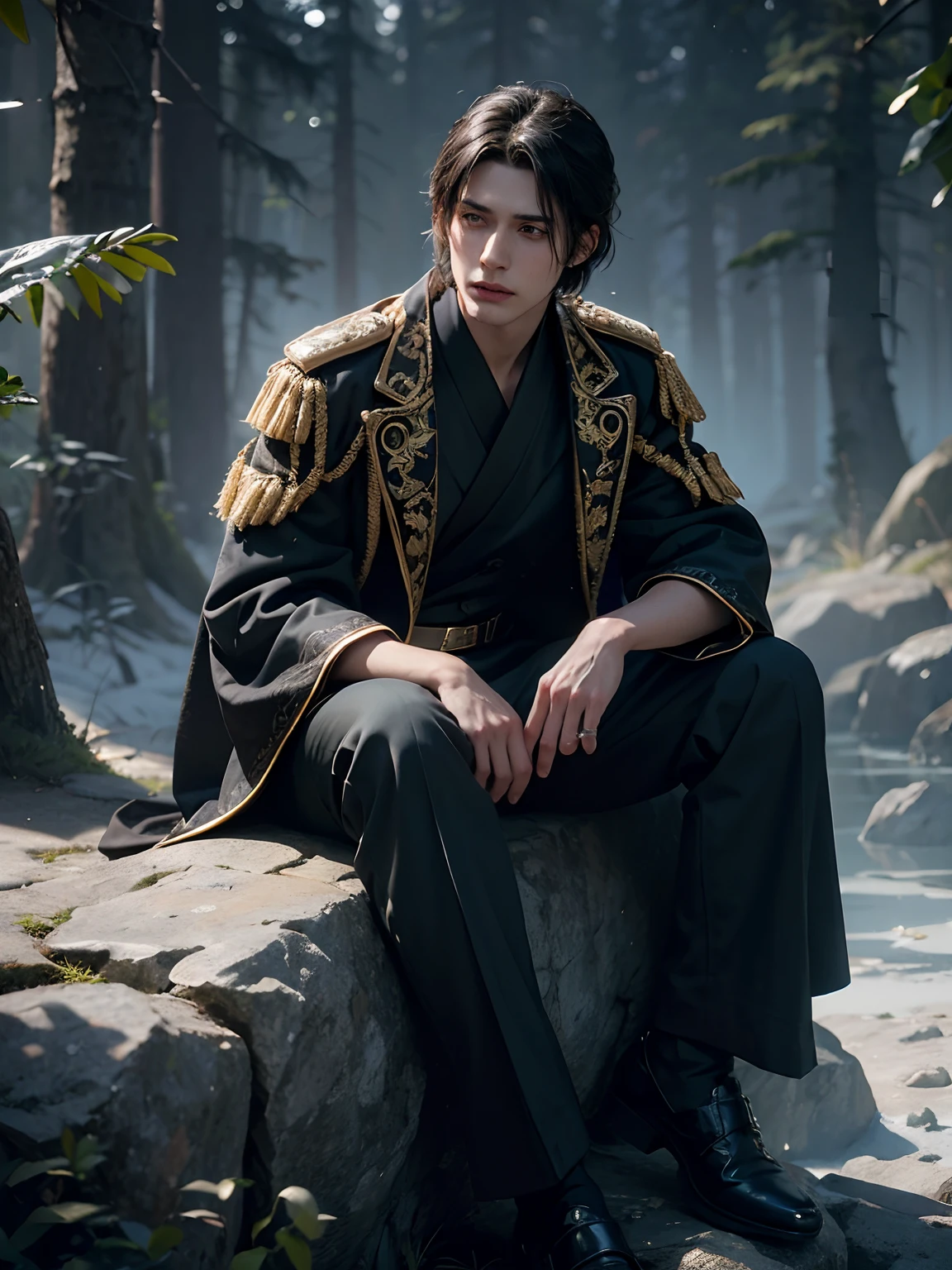 1man, stern and narrow his eyes, sit on rock, in the frost forest, solo focus, adult, pale and young adult face, short black hair, black silk robe with golden lining, palace, realistic, dynamic pose realistic, detailed and correct facial structure, dark atmosphere, blades ornaments, LEON S. KENNEDY, handsome, attractive, slightly muscular, cinematic lighting, unreal engine, trending on ArtStation, intricate details,  masterpiece, best quality, by Irakli Nadar, Greg Rutkowski，(((best quality))),(((ultra detailed))),(((masterpiece)))