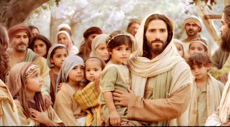 Modern portrait of Jesus holding a child in his lap, cinematic lighthing, profundidade de campo, Bokeh, Realismo, fotorrealista, hiper-realismo, fotografia profissional, UHD, DSLR, HDR