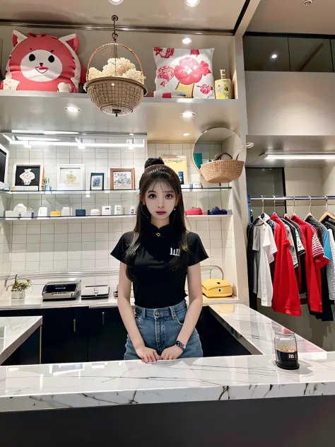 Longing woman standing in front of the counter of a clothing store, chengyou liu, yuli ban, Lu Ji, lulu chen, 155 cm tall, inspi...