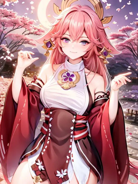 genshin_impact, crystalfly_(genshin_impact), yae_miko, kusunokinawate, 1girl, animal_ears, bangs, breasts, cherry_blossoms, cowboy_shot, detached_sleeves, earrings, falling_petals, floating_hair, floppy_ears, floral_print, flower_knot, fox_ears, hair_betwe...