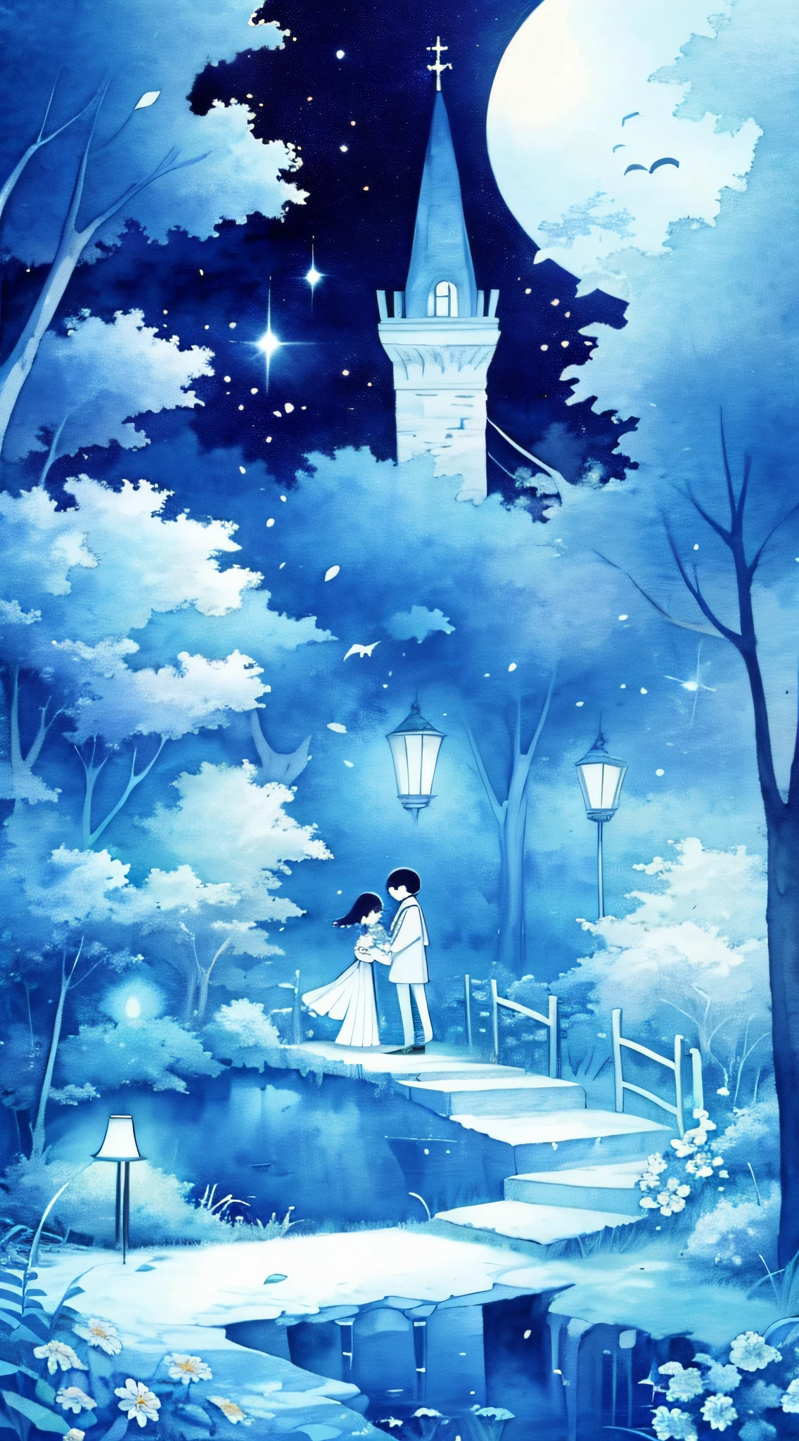 Whitetown, Moon, tree, rays of moonlight, Night, full moon, a young man and a woman, hugs, scenery, Painting (mediating), sky, Outdoors, aquarelle (mediating), Traditional media, flower, lamp post