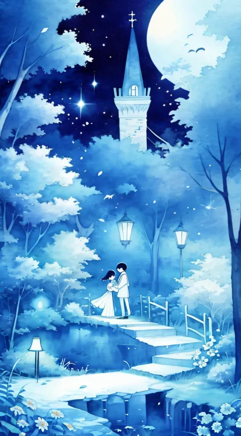 Whitetown, Moon, tree, rays of moonlight, Night, full moon, a young man and a woman, hugs, scenery, Painting (mediating), sky, O...