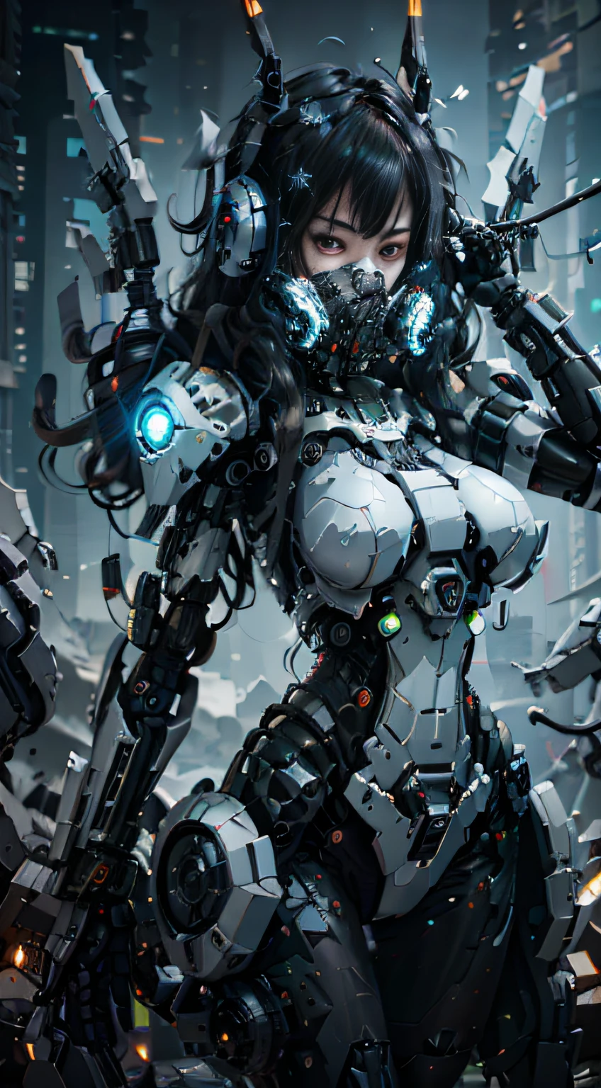 A black、cyber punk style、ultra-detailliert、hight resolution、white messy long hair、breasts are large、delicated face、A beautiful girl wearing a mecha mask stands in the ruins.、Behind her is a giant robot、Holding a heavy sniper beam rifle in your hand、(Luminescent particles:1.4)、(extremely details CG、Unity 8k Wallpapers、3D、lighting like a movie、lensflare)、Reflectors、foco nítido、Cyberpunk Art、Cyberpunk architecture、
