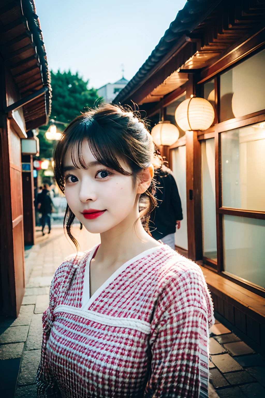 best quality ,masterpiece,ultra high res,(photo realistic:1.4), 1 girl, looking at viewer, Wearing dress, korean famous actress, very beautiful,kawaii, Cinematic, 35mm lens, f/ 1. 8, accent lighting, 8k, with Japanese traditional building