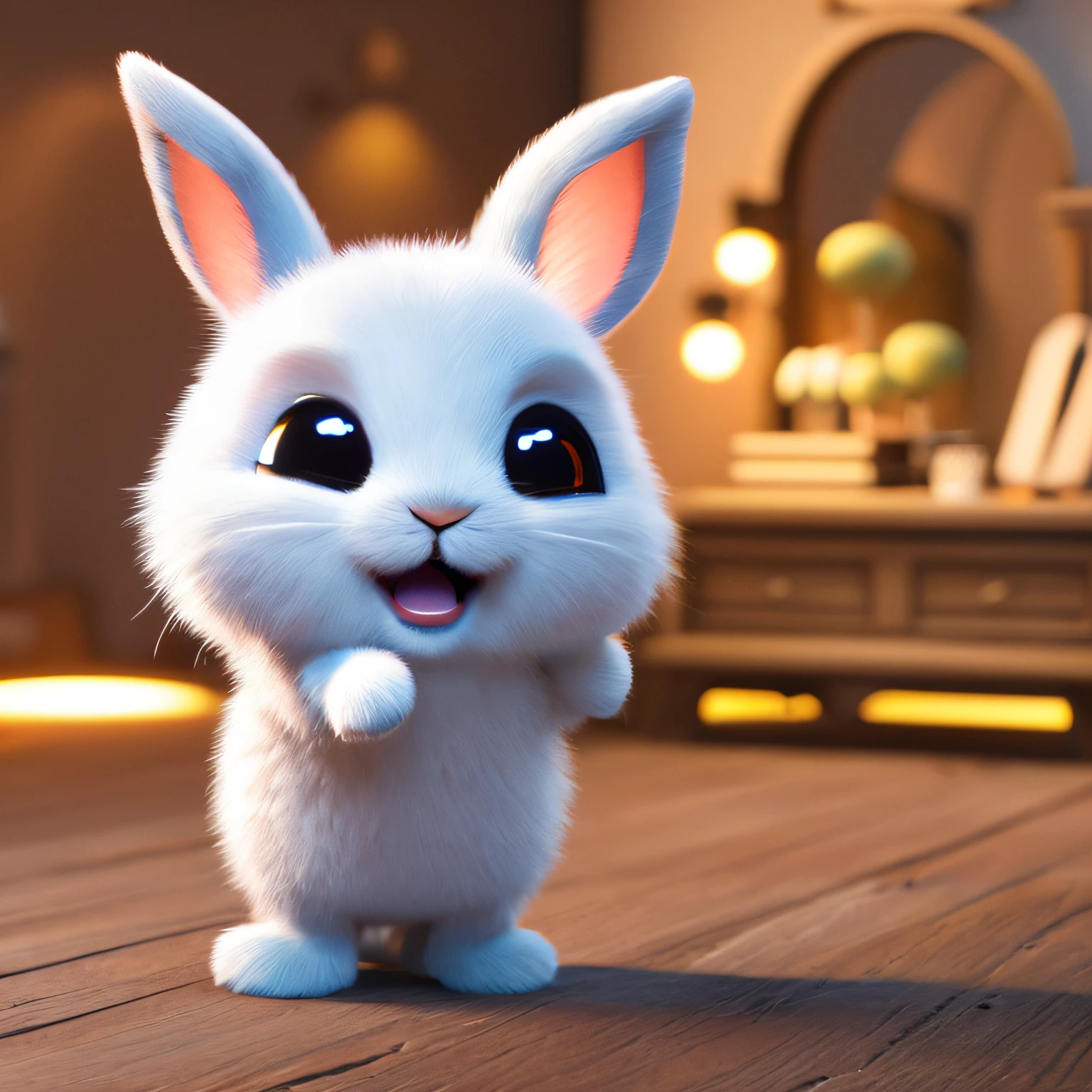 Милый очаровательный маленький кролик машет мне рукой и улыбается, приветствуя меня., Нереальный движок, уютное внутреннее освещение, арт-станция, Детализированная цифровая живопись, Кинематографический, Дизайн персонажей: Марк Райден, Pixar и Хаяо Миядзаки., Нереально 5, ошеломляет, гиперреалистичный, Октановый рендер, 3ДМДТ1