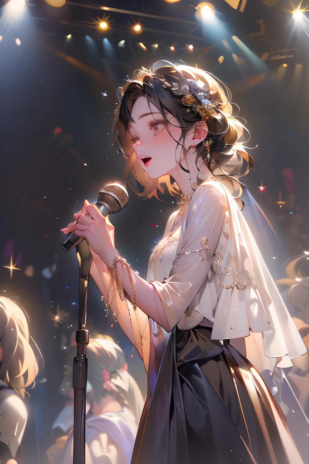 (masterpiece),(best quality),(ultra-detailed), beautiful detailed face. 1girl, idol singer, long skirt, on the stage, microphone