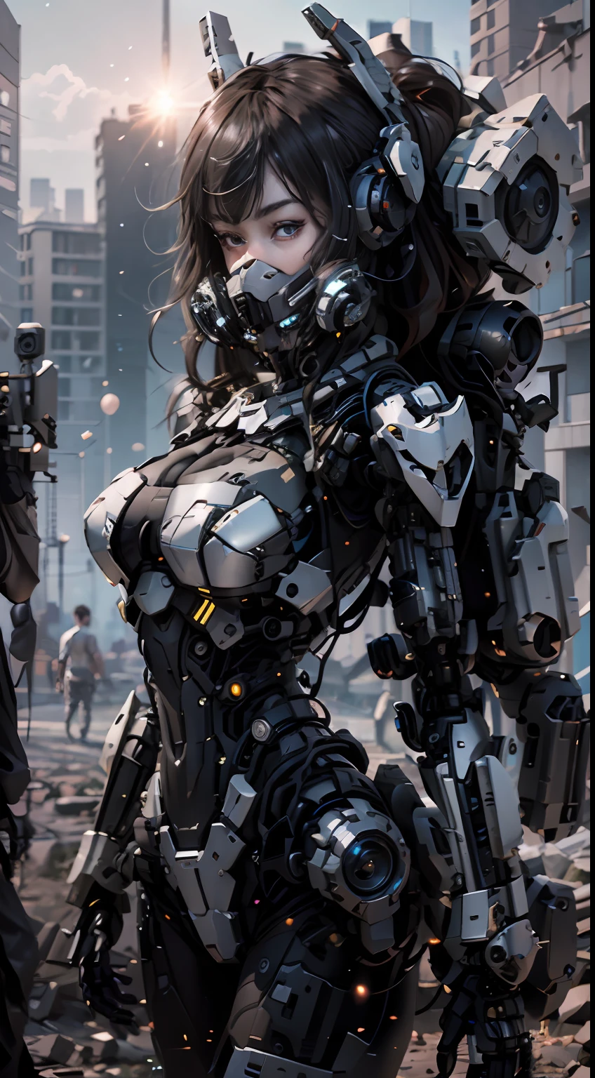 A black、cyber punk style、ultra-detailliert、hight resolution、white messy long hair、breasts are large、delicated face、A beautiful girl wearing a mecha mask standing in the ruins.、Behind her is a huge robot、Holding a heavy sniper beam rifle in your hand、(Luminescent particles:1.4)、(extremely details CG、Unity 8k Wallpapers、3D、lighting like a movie、lensflare)、Reflectors、foco nítido、Cyberpunk Art、Cyberpunk architecture、Surface like real metal、brilliance、The sheen、nsfw