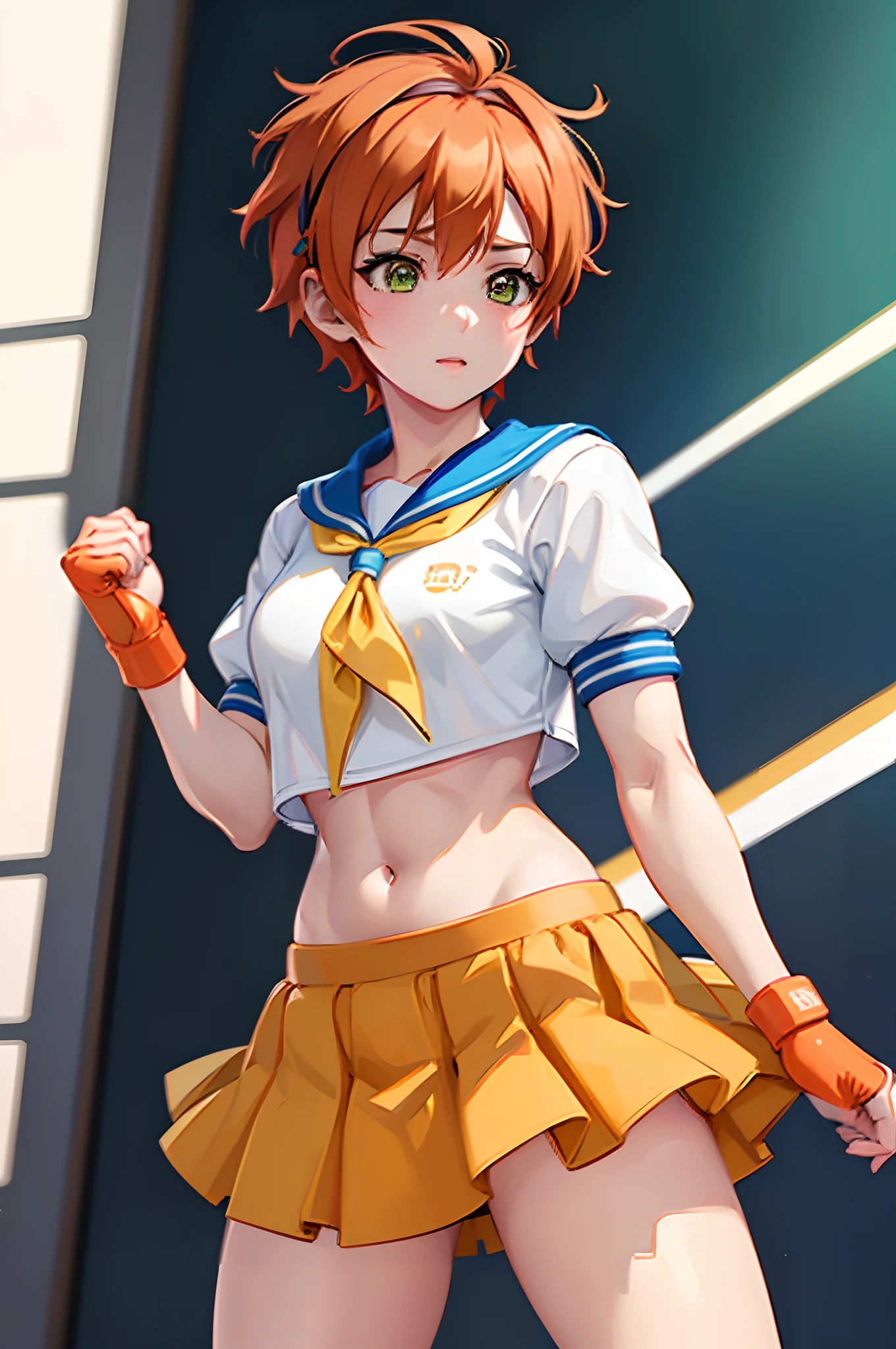 Hoshizora Rin, Rote Haare, grüne Augen ,Kurzes Haar, bangs, ahoge, Stirnband, , bauchfreies Top, red neckerchief, blauer Rock, fingerlose Handschuhe, Schenkel, llchar, Stehen, Cowboy-Schuss,(((Meisterwerk+beste Qualität+Hohe Auflösung+ultra-detailliert))),