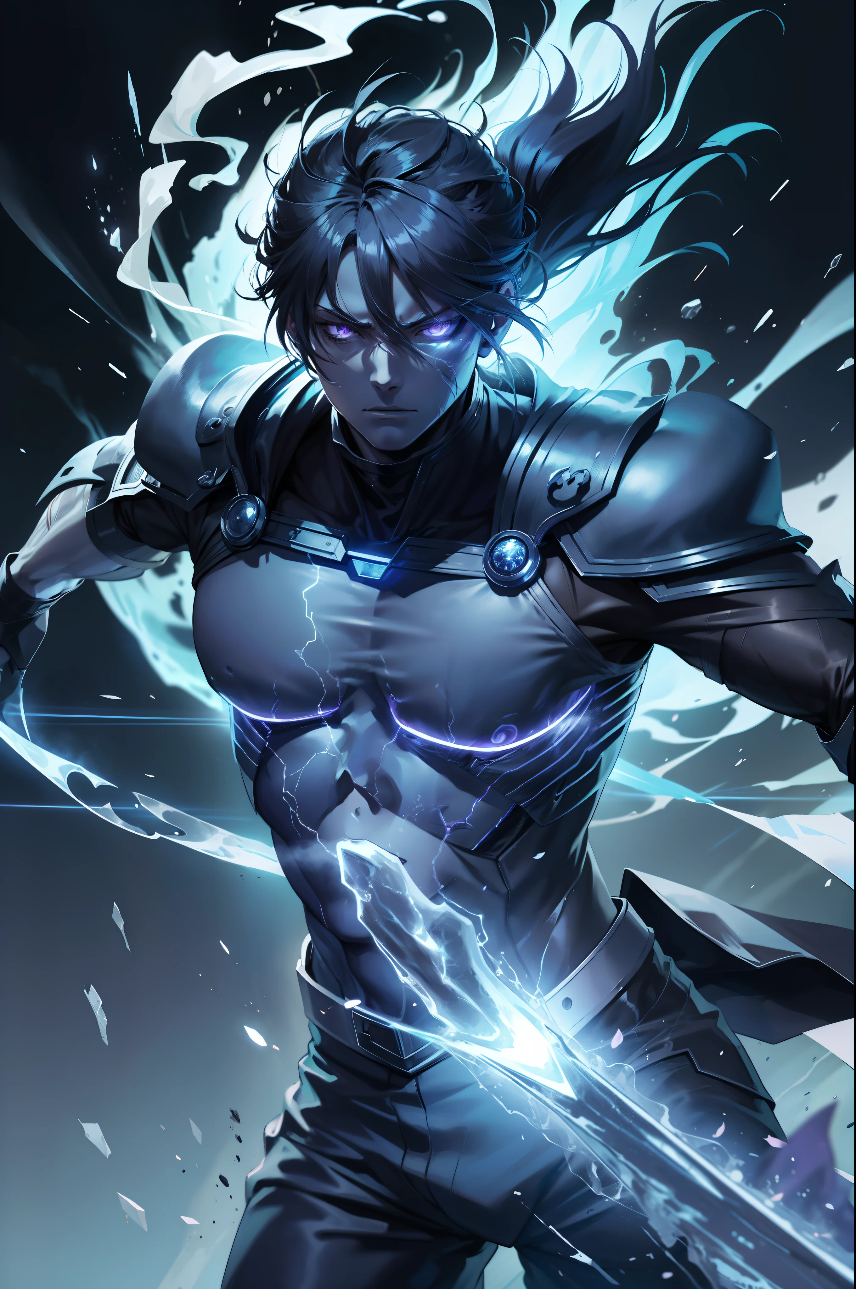 epic anime style, purple lightning, evil temperament, 20 years old male shadow assassin, black aura shine, shadow supervisor, handsome face, brilliant and majestic. Beautiful standard body and complete body structure. full body shot of a man with lightning in his hand, an epic anime about a purple energy man, in a fighting stance with long black ponytail blowing in the wind and glowing eyes look at the viewer. Cool Gapmoe Yandere, menacing look, gintama's Hijikata Toushirou, inspired by Masanobu Okumura, the originator of the anime art style, Nobutaka Ike, the night war rages behind him. Highest image quality 8K, details everything 8K.