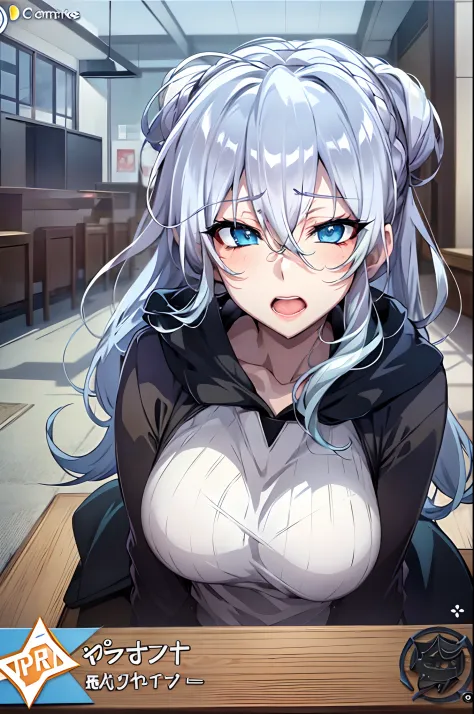 Silver hair and  blue eyes in a black hoodie, anime visual of a cute girl, screenshot from the anime film, & her expression is s...