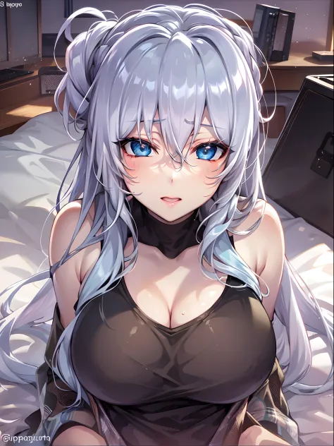Best quality, 8k, in bed, silver hair, black shirt and no bra, anime visual of a cute girl, cute expressive face, still from anime, hard breast, lustful face