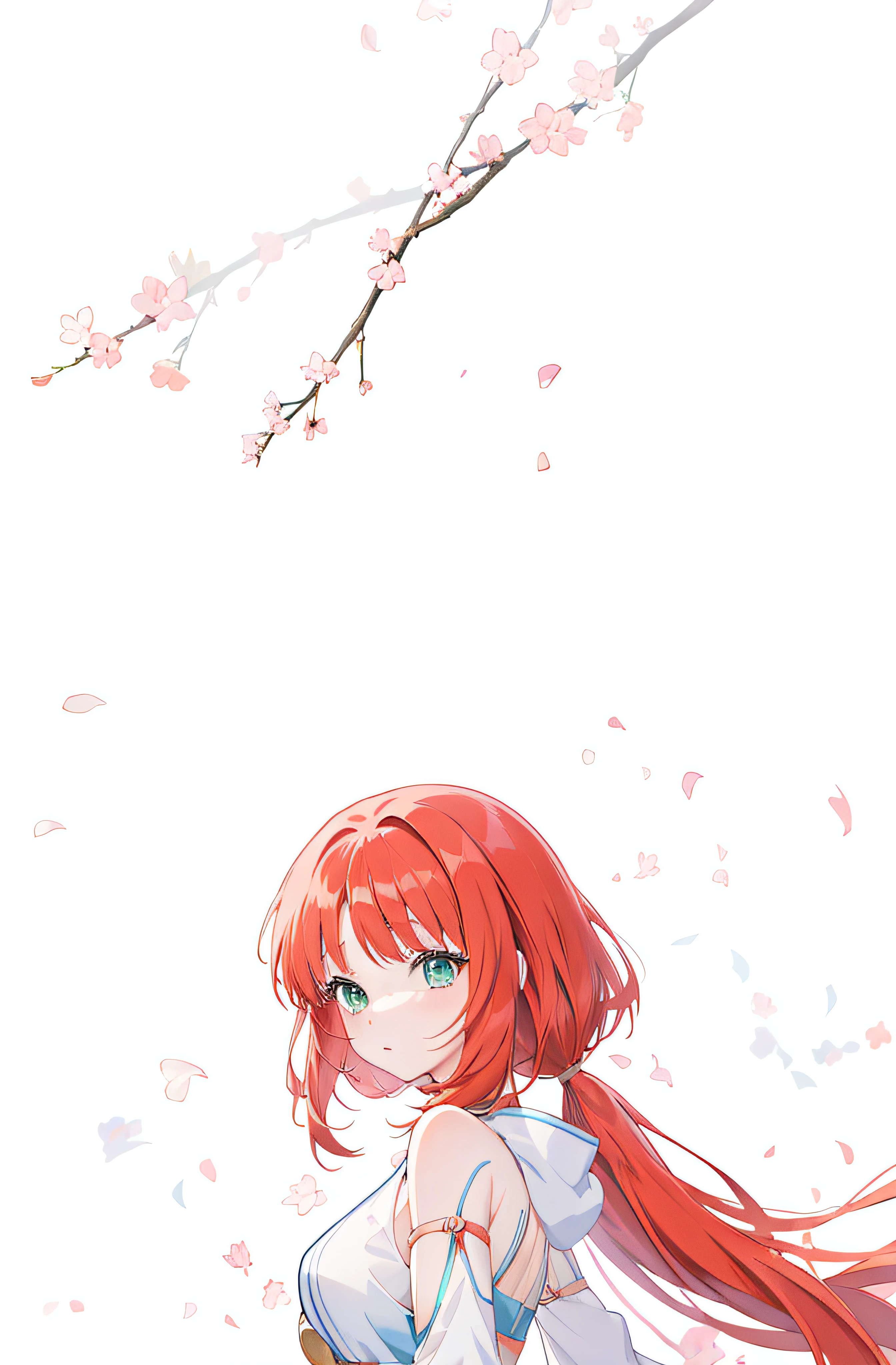 anime girl with long red hair and blue-green eyes standing, anime visual of a cute girl, 4 k manga wallpaper, made with anime painter studio, render of april, crisp clear rpg portrait, digital anime illustration, portrait of cute anime girl, anime art wallpaper 8 k, portrait anime girl, sayori, official character art, (anime girl), bright color cherry blossom petals in background,