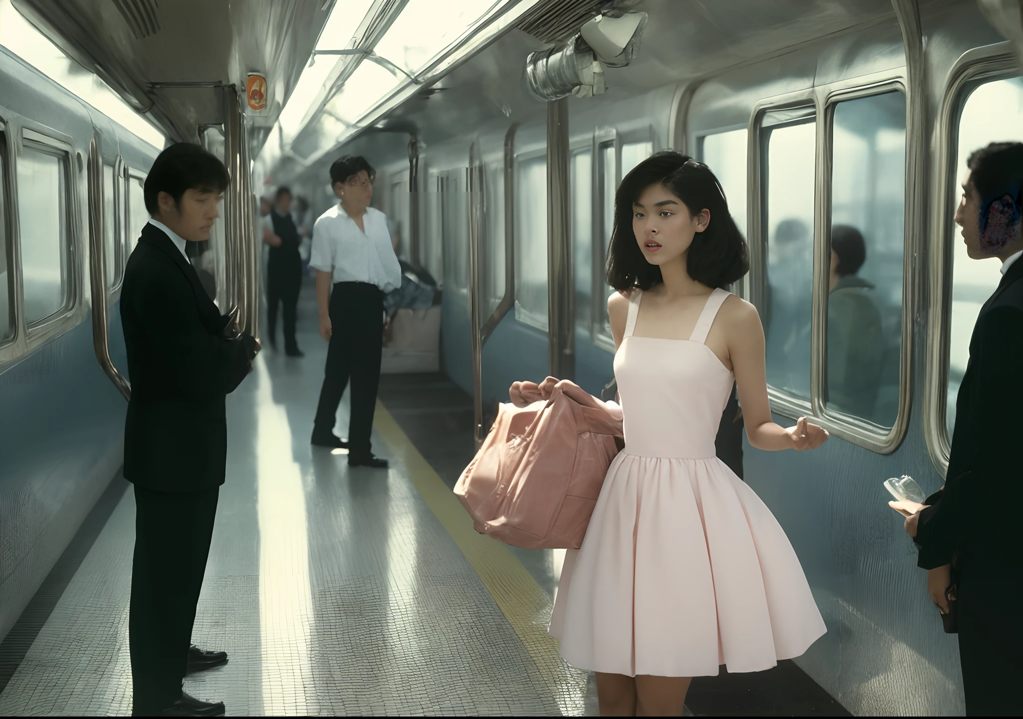 Photos from the 1990s、nostalgic、One Teenage Woman、Train、a scene from a movie、Fuji Film、championship、​masterpiece、Woman in pink dress standing on train, Train, alexey egorov, Shot on Ektachrome film, Lonely girl waiting for train, Award-winning color photography, kodakchrome : : 8 K, Cistyl 800T 50mm Eastman Color, still from live action movie, japan 1980s