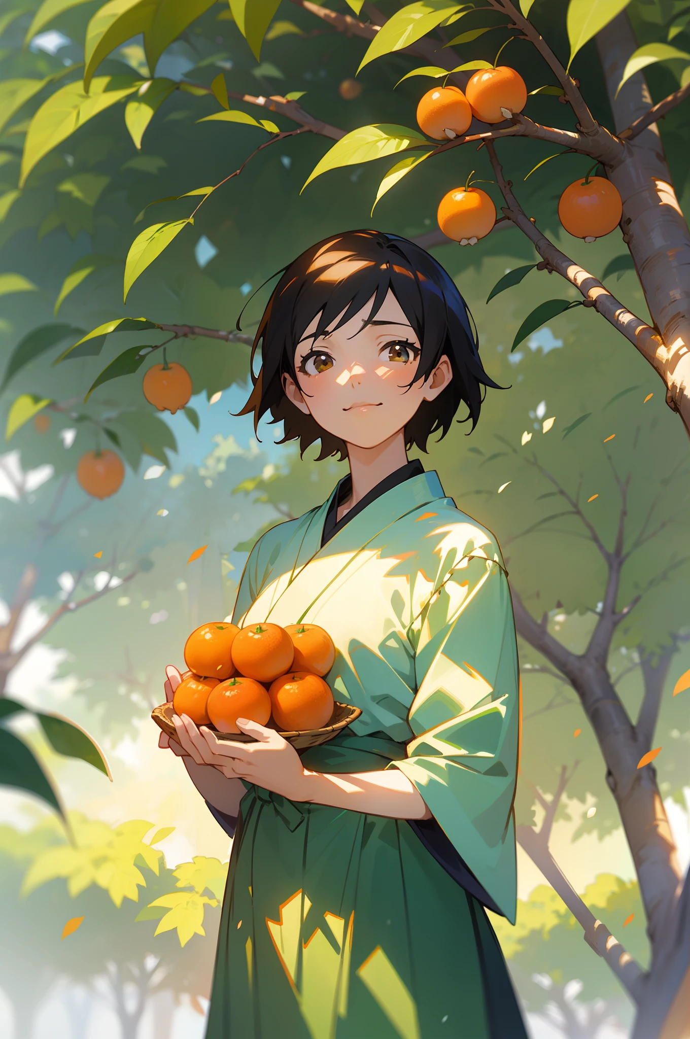 Illustration of a girl holding fruit under an orange tree,cheerfulness