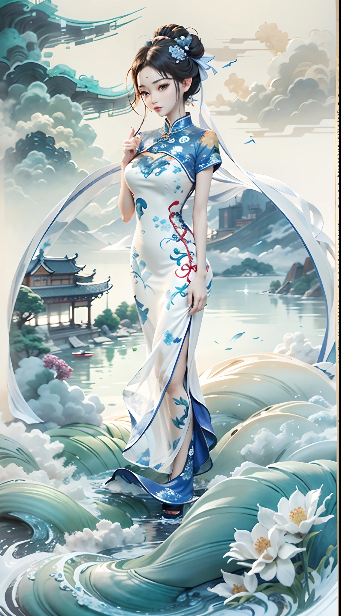 Ink wind，ink，water ink，Smudge，（Blue and white porcelain style：1.5），Jingdezhen porcelain，（Cheongsam beauty：1.4），closeup cleavage，sharp focus on eyes，Modern cheongsam，Blue and white porcelain，Ancient buildings are scattered，Works of masters，super-fine，high qulity，8K分辨率