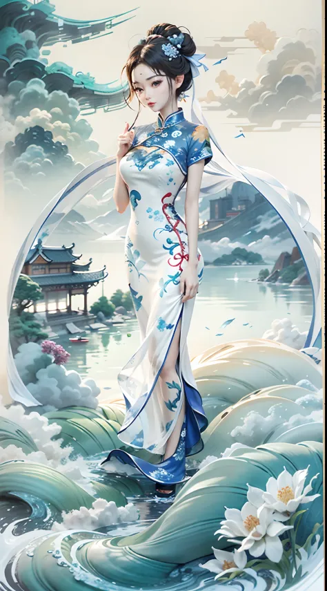 Ink wind，ink，water ink，Smudge，（Blue and white porcelain style：1.5），Jingdezhen porcelain，（Cheongsam beauty：1.4），closeup cleavage，sharp focus on eyes，Modern cheongsam，Blue and white porcelain，Ancient buildings are scattered，Works of masters，super-fine，high q...