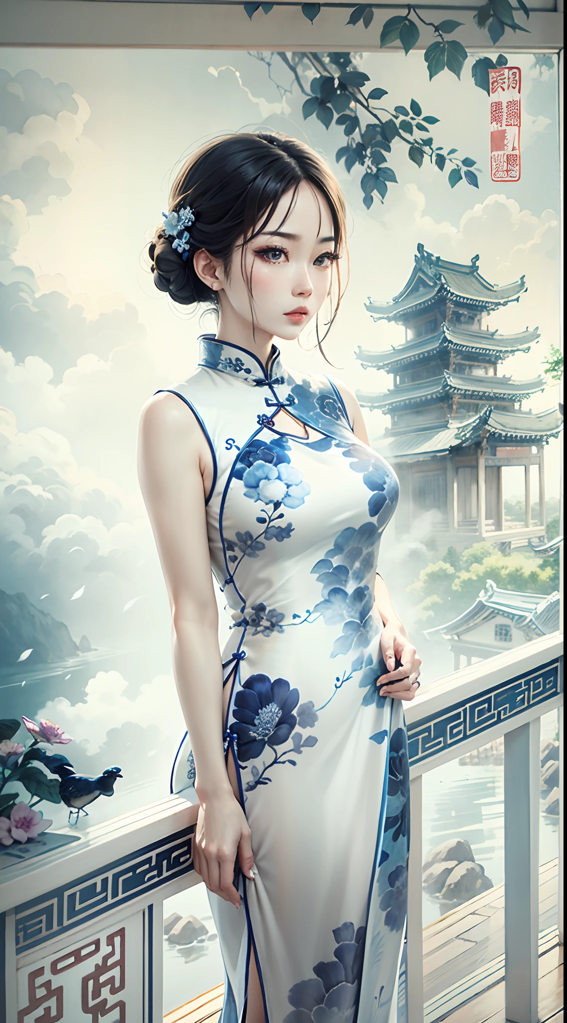Ink wind，ink，water ink，Smudge，（Blue and white porcelain style：1.5），Jingdezhen porcelain，（Cheongsam beauty：1.4），closeup cleavage，sharp focus on eyeodern cheongsam，Blue and white porcelain，Ancient buildings are scattered，Works of masters，super-fine，high qulity，8K resolution