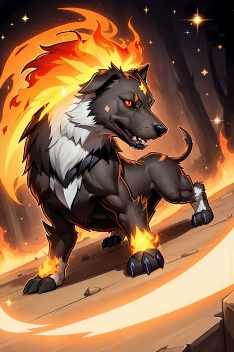 1dog, (Type: Fire) , agony, small, (wild:1.2), powerful, level: 4, solo, best quality, master peice glowing, yugioh style, yugioh monster, duel monster, outline, digimon, pokemon, sparkle