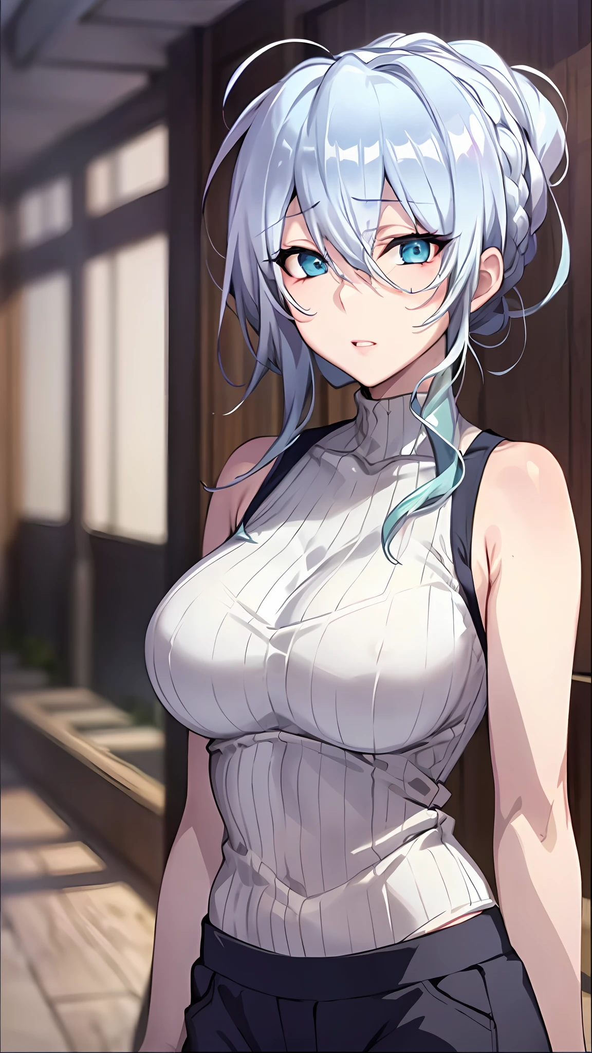 Yukino in school, silver hair, short hair, white shirt and no bra, anime visual of a cute girl, screenshot from the anime film, & her expression is solemn, in the anime film, in an anime, anime visual of a young woman, she has a cute expressive face, still from anime, big breast, red cheek, lustful face, fair skin