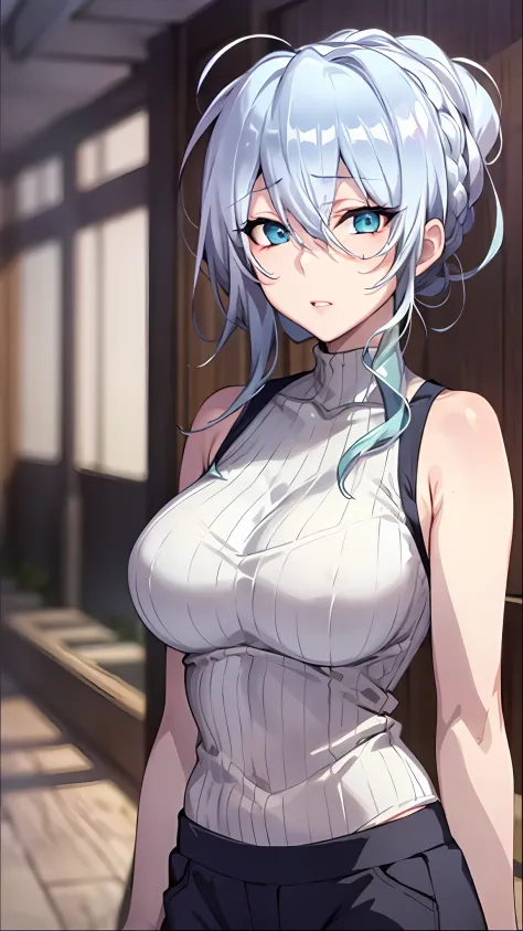 Yukino in school, silver hair, short hair, white shirt and no bra, anime visual of a cute girl, screenshot from the anime film, & her expression is solemn, in the anime film, in an anime, anime visual of a young woman, she has a cute expressive face, still...
