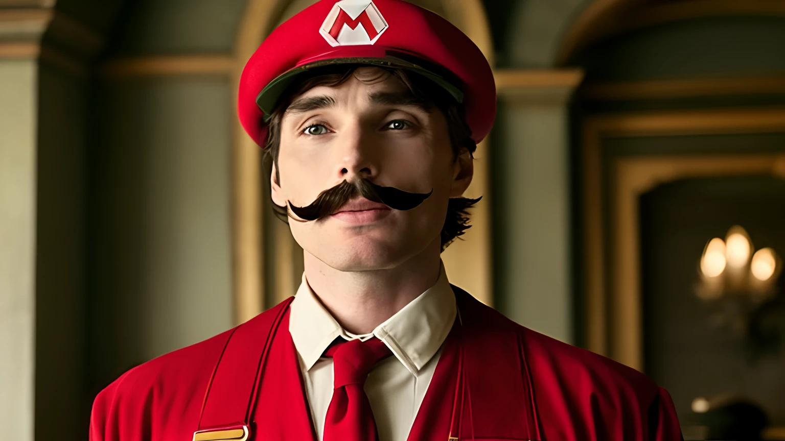 Cillian Murphy with a big mustache, perfect symmetry, wearing red overalls and a red cap, dressed as mario.