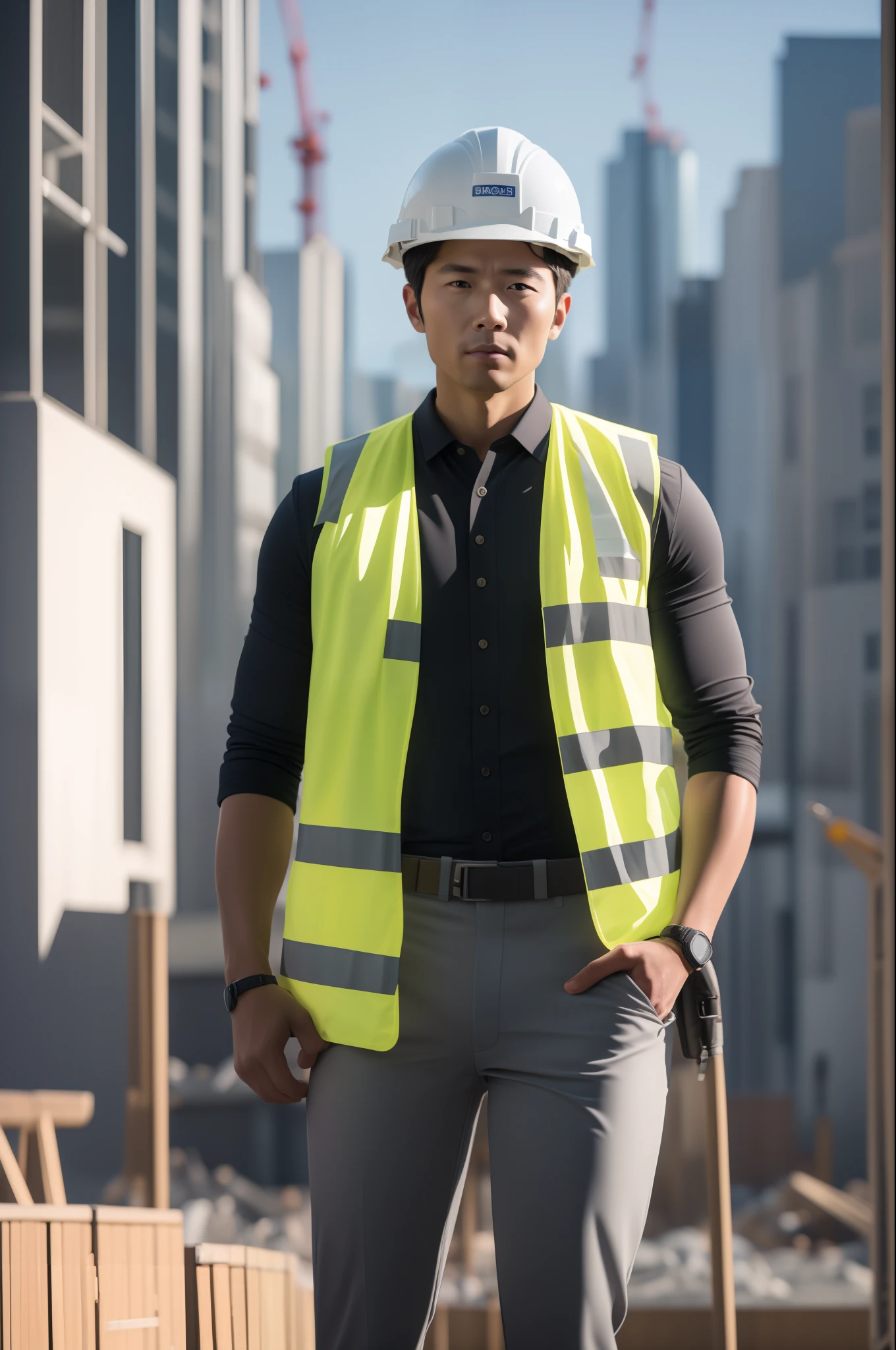 Man working at construction site、Only the head is shown from the waist、Handsome Japan Man、Wearing a safety helmet