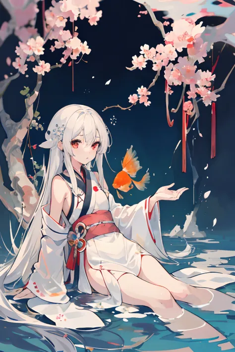 1girl in ,耳Nipple Ring,goldfish ,Pedras preciosas ,sash,under the water ,goldfish,white blossoms ,Longer dress,Akame,Behold ,Sit...