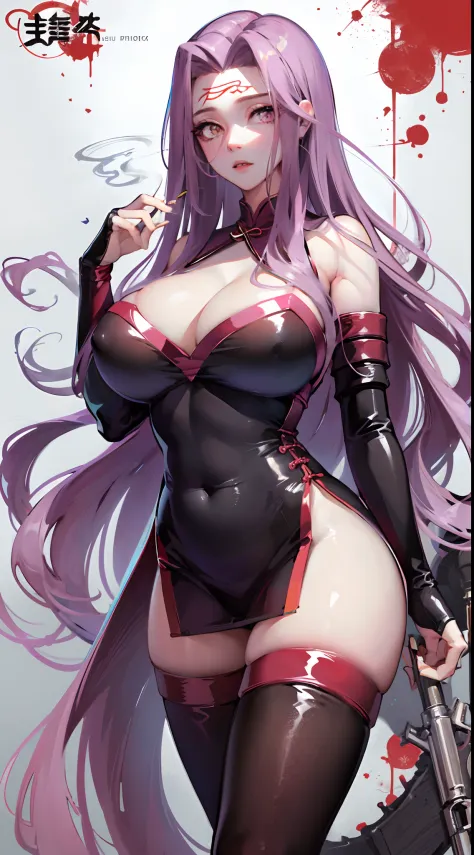Medusa，Fleshy thighs，smokes，Gorgeous Hair in Long Purple，with a pure white background，huge tit，Vigorous，China-style，High-class design sense，Promotional poster style，Red cheongsam，highly rendered，详细的脸