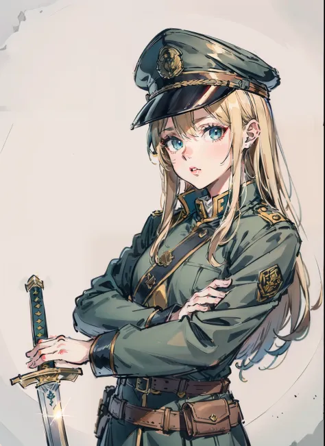 animesque、animations、(top-quality)、(超A high resolution)、(high-detail)、4K、military outfits 、Wearing a military cap、a blond、Longha...