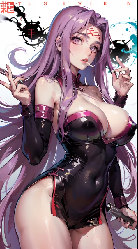 Medusa，Fleshy thighs，smokes，Gorgeous Hair in Long Purple，with a pure white background，huge tit，Vigorous，China-style，High-class design sense，Promotional poster style，Red cheongsam，highly rendered，详细的脸