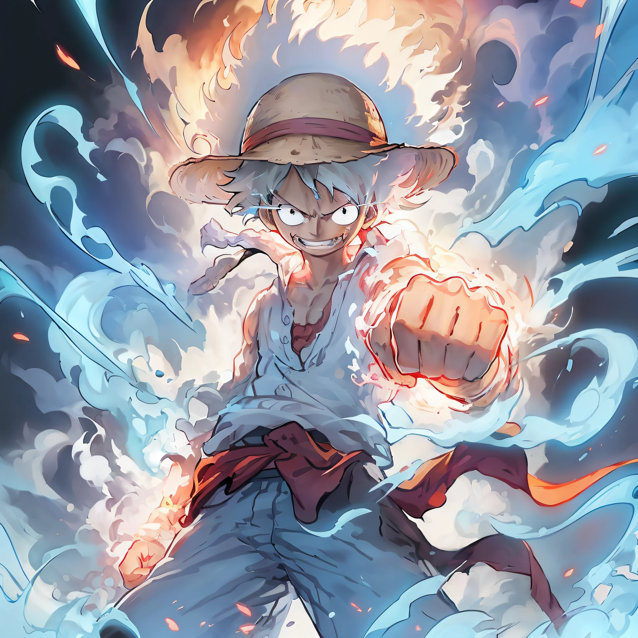 Anime characters wearing hats and fists in the air, Luffy, monkey d luffy, Luffy (One Piece, monkey d. Luffy, advanced digital anime art ”, one piece art style, Anime epic artwork, Epic anime style, luffy gear 5, epic full color illustration, from one piece, offcial art, inspired by Eiichiro Oda, hq artwork, Detailed fanart