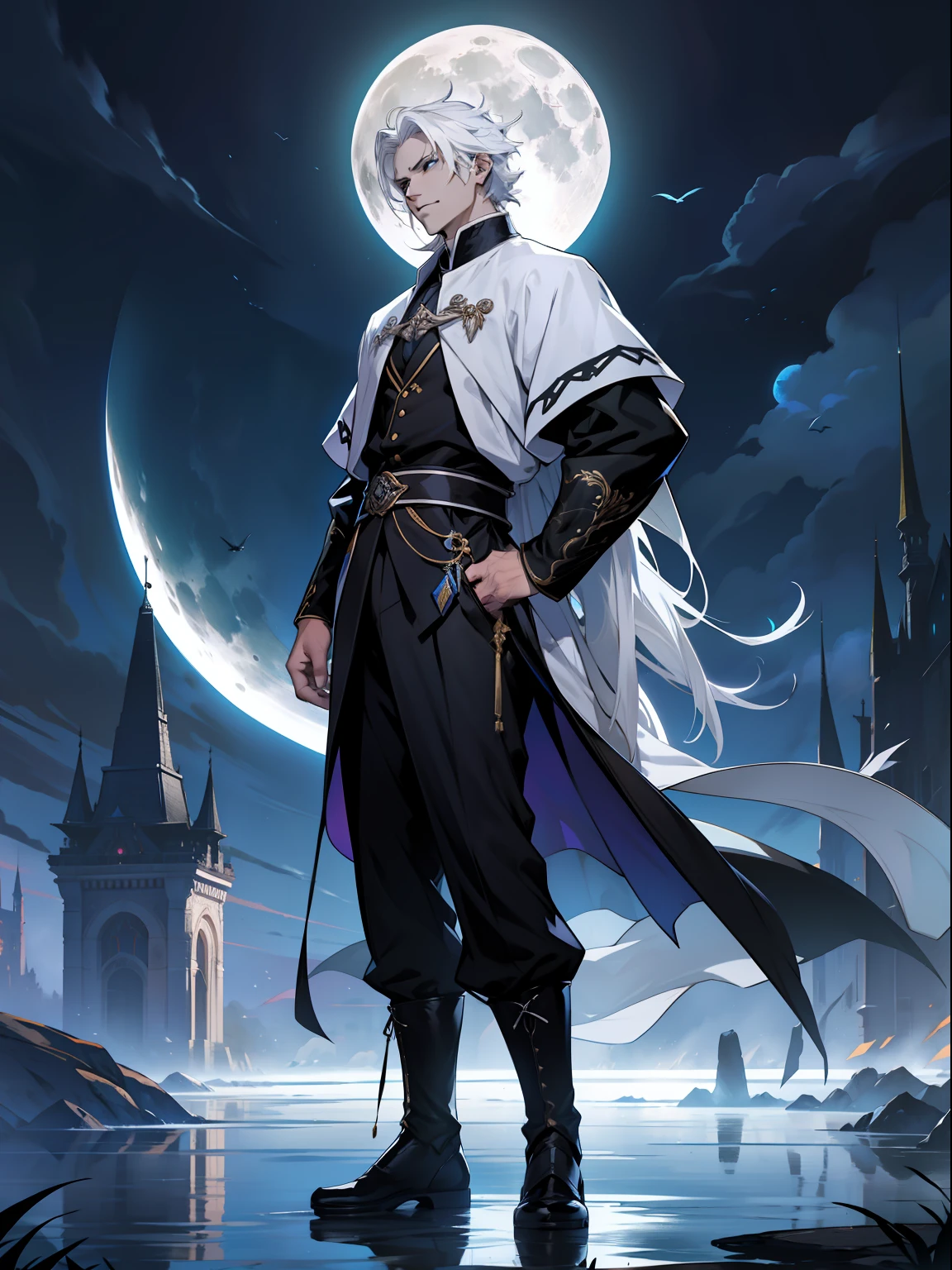 of a guy，An alienated beast，Douluo Continent costume，standing on your feet，nigth，Black clothes，White hair，full moon，Flying