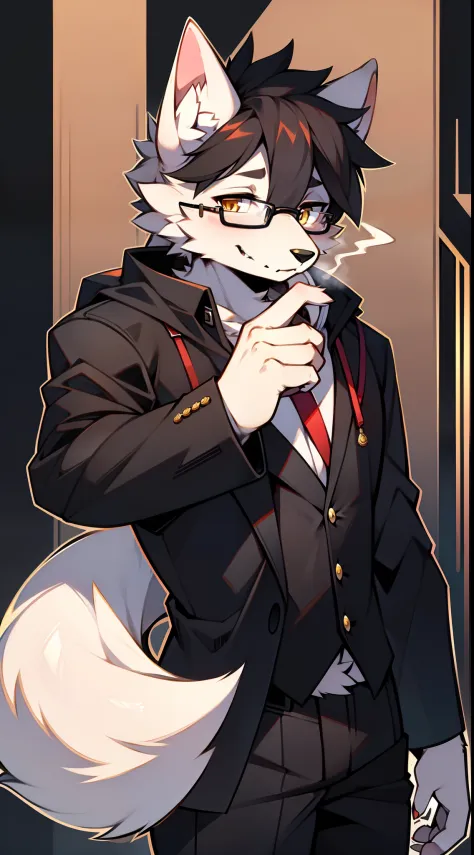 solo person，shaggy male，red fox，arctic fox，canid，Gray-black fur，gold eyes，Wearing glasses，smokeing，detective，vectorial，Line art，furry