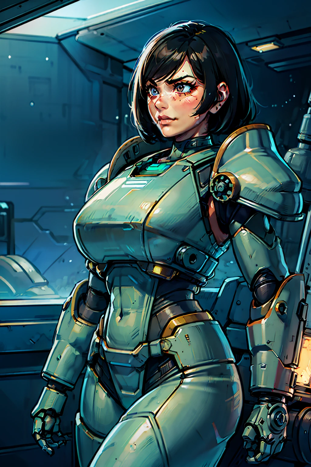 sexy, professional artwork, detailed eyes, beautiful eyes, beautiful face, flawless face, gorgeous face, smooth features, blush, thick thighs, beautifully detailed background, sci-fi, science fiction, future, neon lights, space ship interior, space ship, space, space visible through window, outer space, mechanical background, power armor, power suit, armored, armor, cyberpunk, cyborg, cyborg woman, cybernetics, cybernetic, robot, robotic arm, robotic leg, smiling, short hair, black hair, black armor, metroid, metroid prime, heavy armor, mecha suit, retro armor, bare metal armor, rust, dark armor suit, armor suit, metal breastplate, fully armored, full plate, t-51b, fallout power armor, fully covered