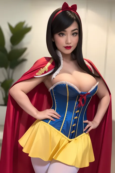 Extreme closeup of a Beautiful Chinese 14 year old teenage girl, wearing snow white cosplay, blue silk corset, red silk cape, yellow silk pleated skater skirt, white leggings, black bob hair, red hairband, masterpiece, photorealistic, amazingly detailed fa...
