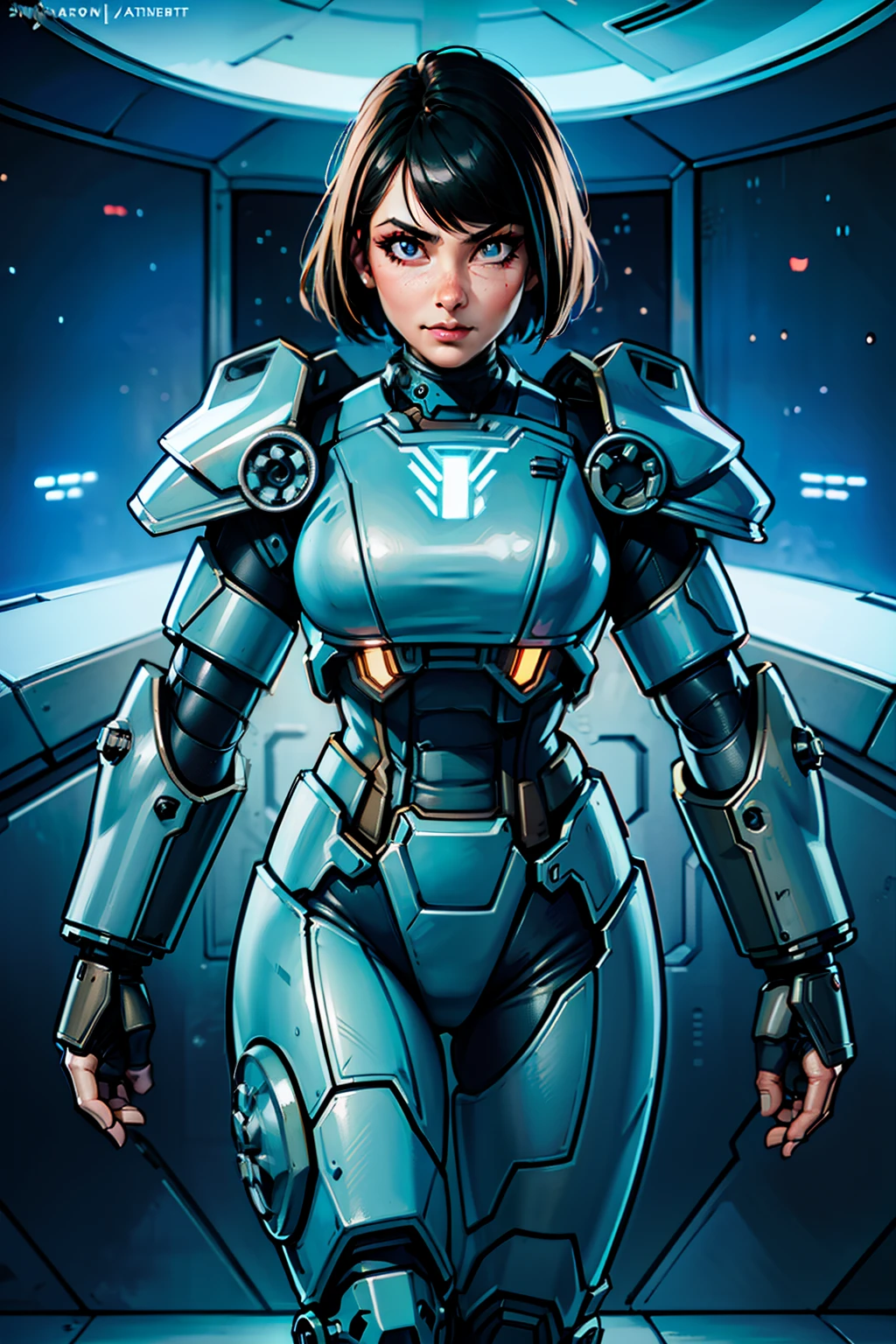 sexy, professional artwork, detailed eyes, beautiful eyes, beautiful face, flawless face, gorgeous face, smooth features, blush, thick thighs, beautifully detailed background, sci-fi, science fiction, future, neon lights, space ship interior, space ship, space, space visible through window, outer space, mechanical background, power armor, power suit, armored, armor, cyberpunk, cyborg, cyborg woman, cybernetics, cybernetic, robot, robotic arm, robotic leg, smiling, short hair, black hair, black armor, metroid, metroid prime, heavy armor, mecha suit, retro armor, bare metal armor, rust, dark armor suit, armor suit, metal breastplate, fully armored, full plate, t-51b, fallout power armor, fully covered