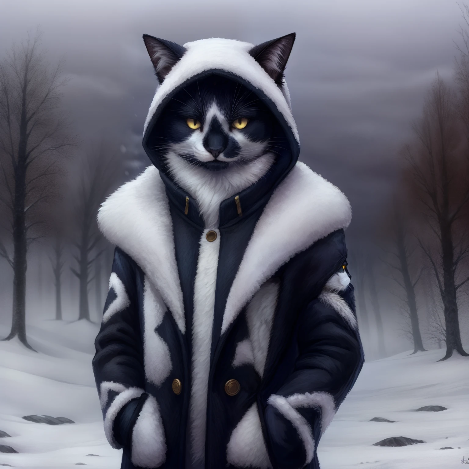 Leo, anthropomorphic, cat anatomy, standing upright, white peacoat, furry trim on hood, in a snow storm, serious face, standing upright, glowing yellow eyes, elegant designs