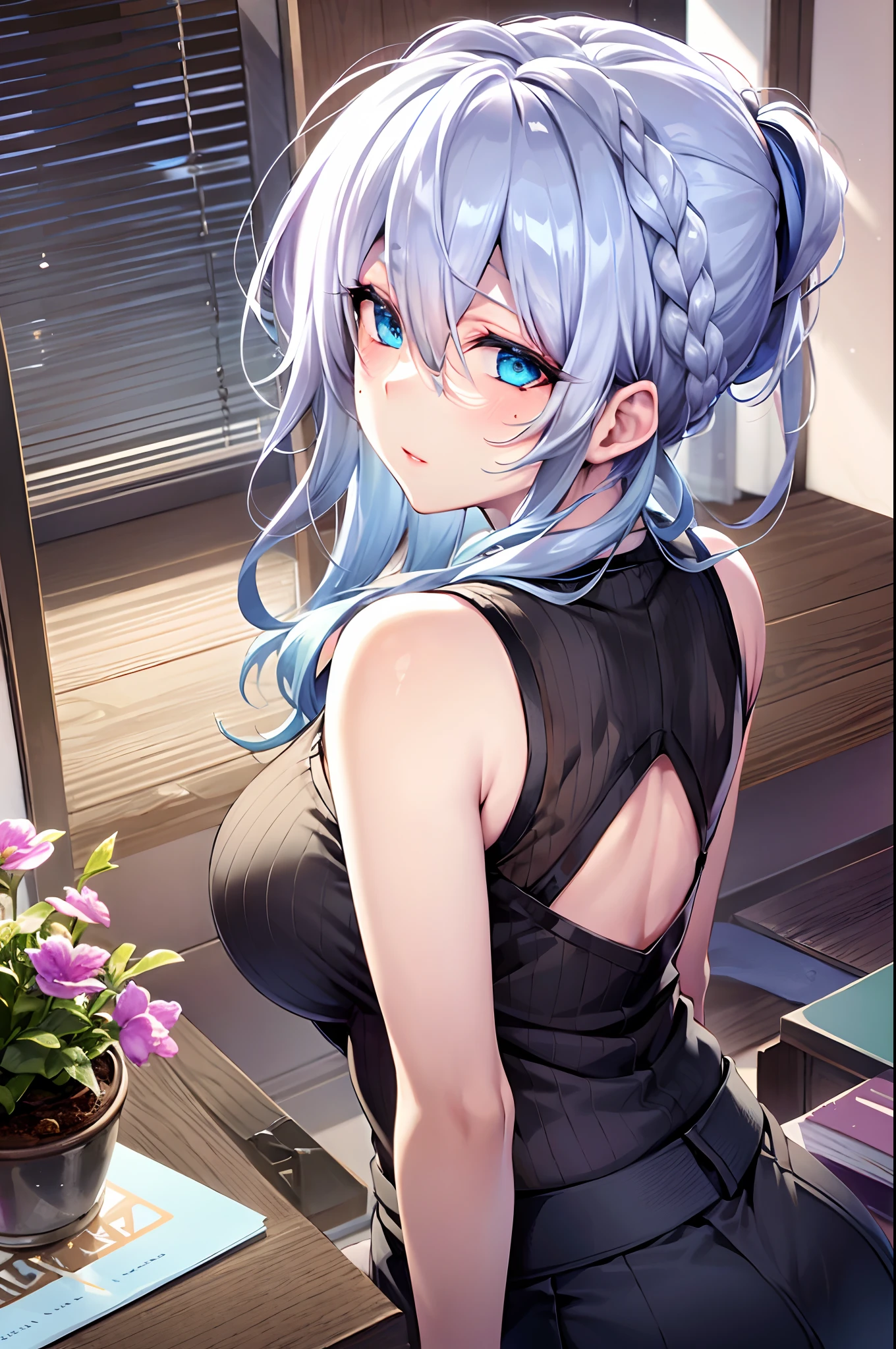 masterpiece, ultra-detailed hair, better lights, better shadows,1girl, yukino, breasts, skirt, silver hair, solo, long hair, large breasts, blue eyes, braid, ass, looking at viewer, braided ponytail, hair ornament, sleeveless, hair flower, black skirt, shirt, indoors, flower, looking back, bangs, bare shoulders, pencil skirt, from behind, window, thighs, mole under eye, sleeveless shirt, mole, white shirt, blush, bare arms, office lady, very long hair, plant, contemporary, parted lips, miniskirt, single braid, closed mouth, purple flower, pantylines, ribbed shirt,