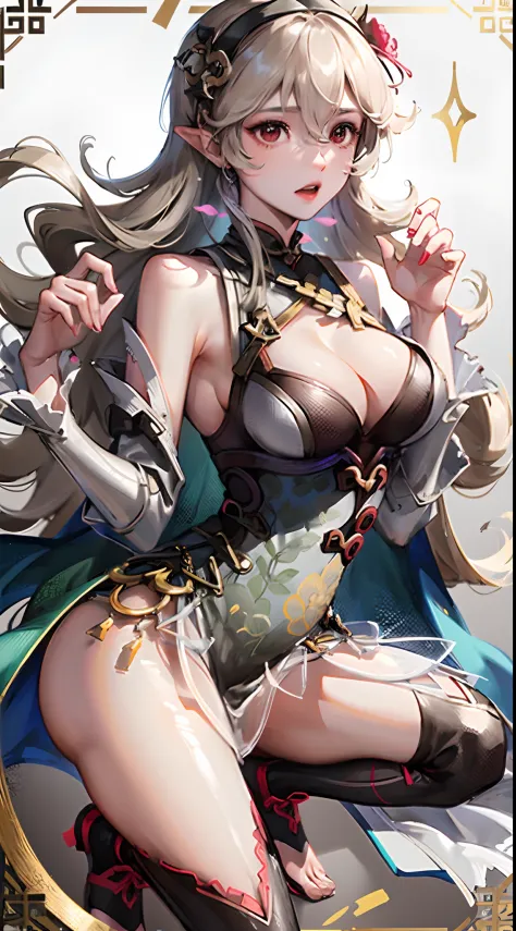 corrin,Fleshy thighs，with a pure white background，C cup，Vigorous，China-style，High-class design sense，Promotional poster style，Red cheongsam，highly rendered，详细的脸