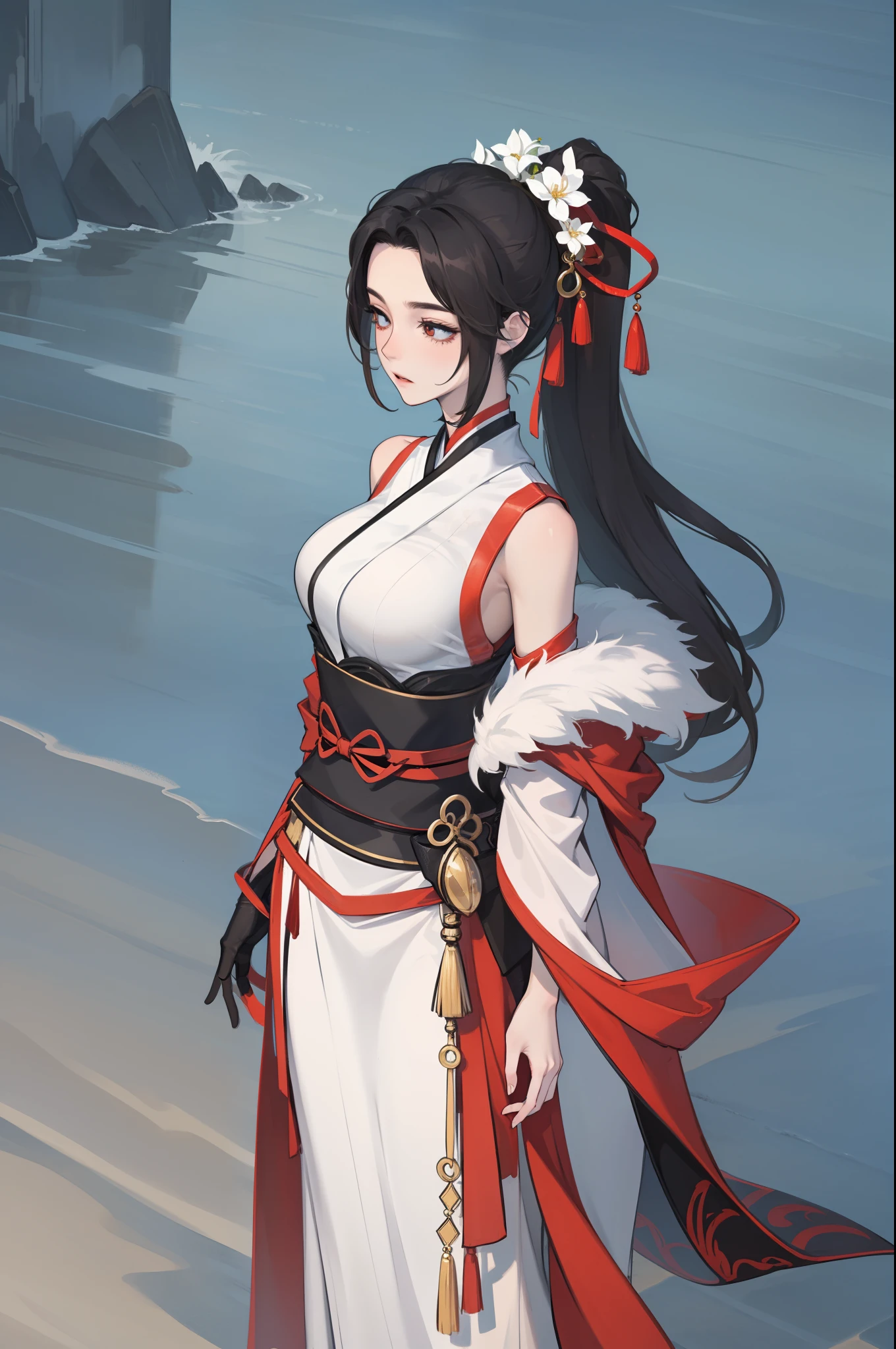 1 woman、full bodyesbian，white backgrounid，xianxia，long whitr hair、gorgeous hair accessory、Hanfu，high detal，sketching，Denoising，cinematic colorgrade，white backgrounid，Ultra-high resolution，Sharp focus，Epic composition，tmasterpiece，（The is very detailed的 CG unified 8k 壁纸）