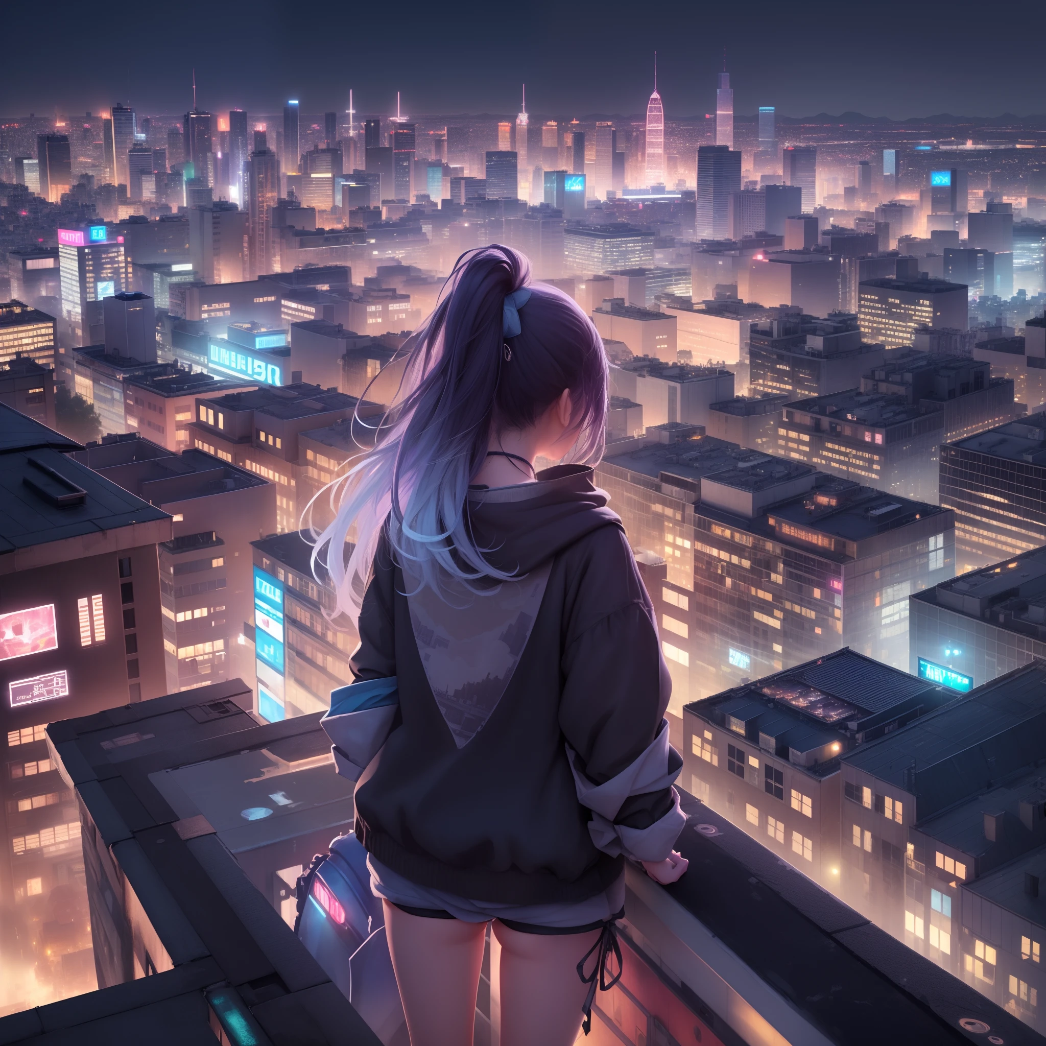 (真实纹理、8K)、從建築物屋頂俯視城市的女孩、(詳細的城市景觀、彩灯、后视图)、衣服和頭髮在風中飄揚