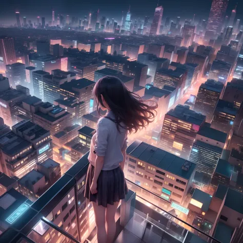 (Real Texture、8K)、Girl looking down on the city from the roof of a building、(Detailed cityscape、Colorful lights、Rear view)、Cloth...