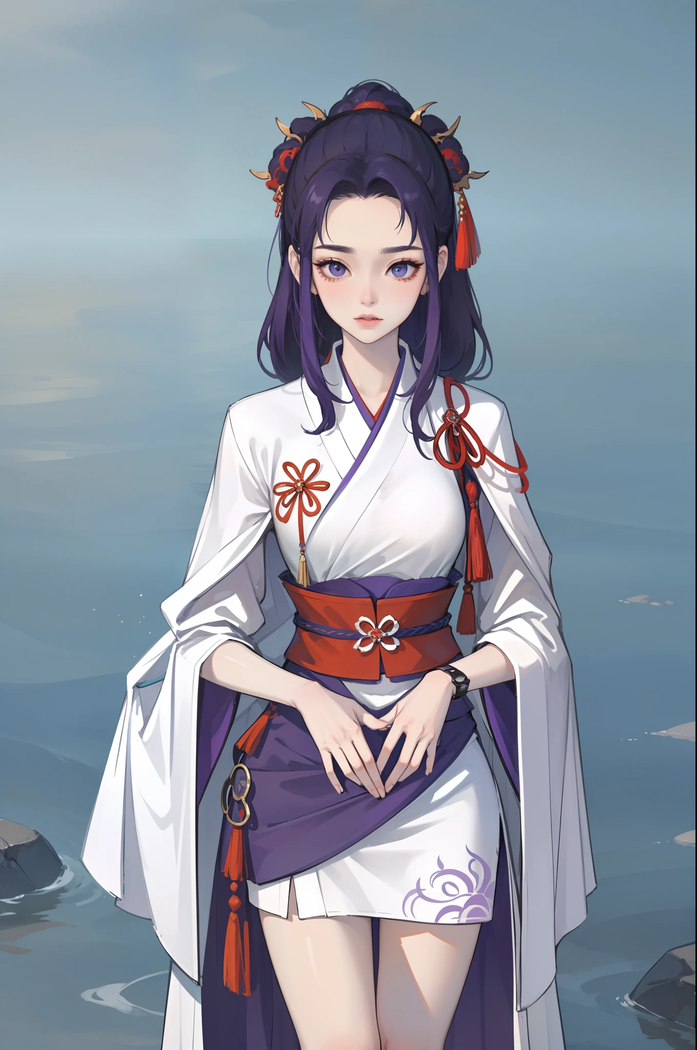 1 woman、full bodyesbian，white backgrounid，Xianxia，long whitr hair、gorgeous hair accessory、Purple Hanfu，high detal，sketching，Denoising，cinematic colorgrade，white backgrounid，Ultra-high resolution，Sharp focus，Epic composition，tmasterpiece，（The is very detailed的 CG unified 8k 壁纸）